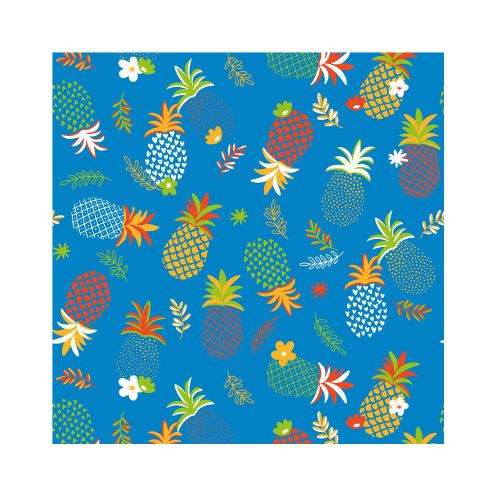 Rouleau papier cadeau bleu avec ananas multicolores