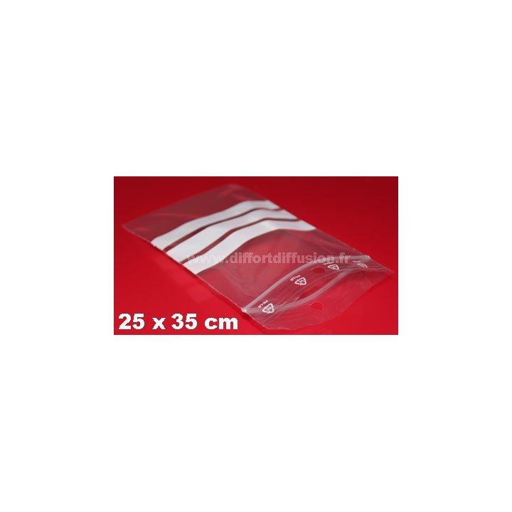 200 sachets Zip 250x350 mm avec bandes blanches + trous de suspension  - 1